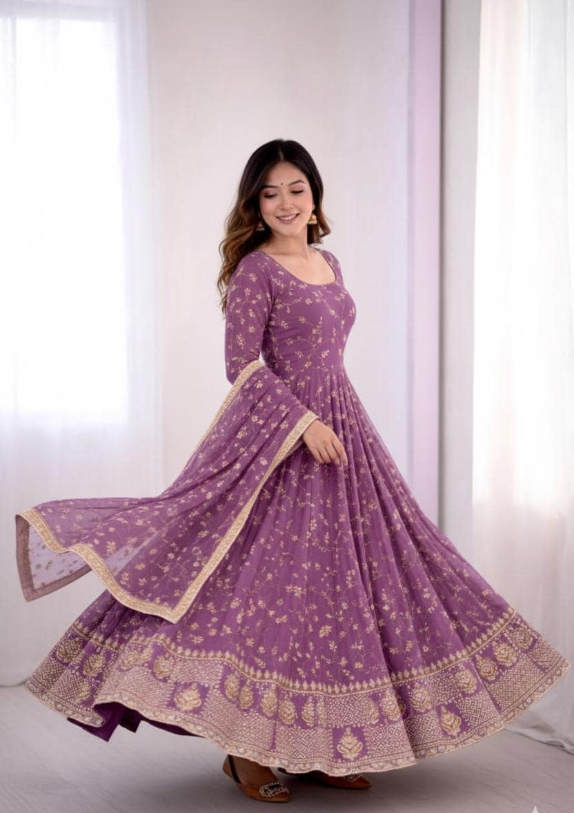 Designer Purple Embroidered Anarkali Gown with Dupatta | Party Wear Ethnic Dress