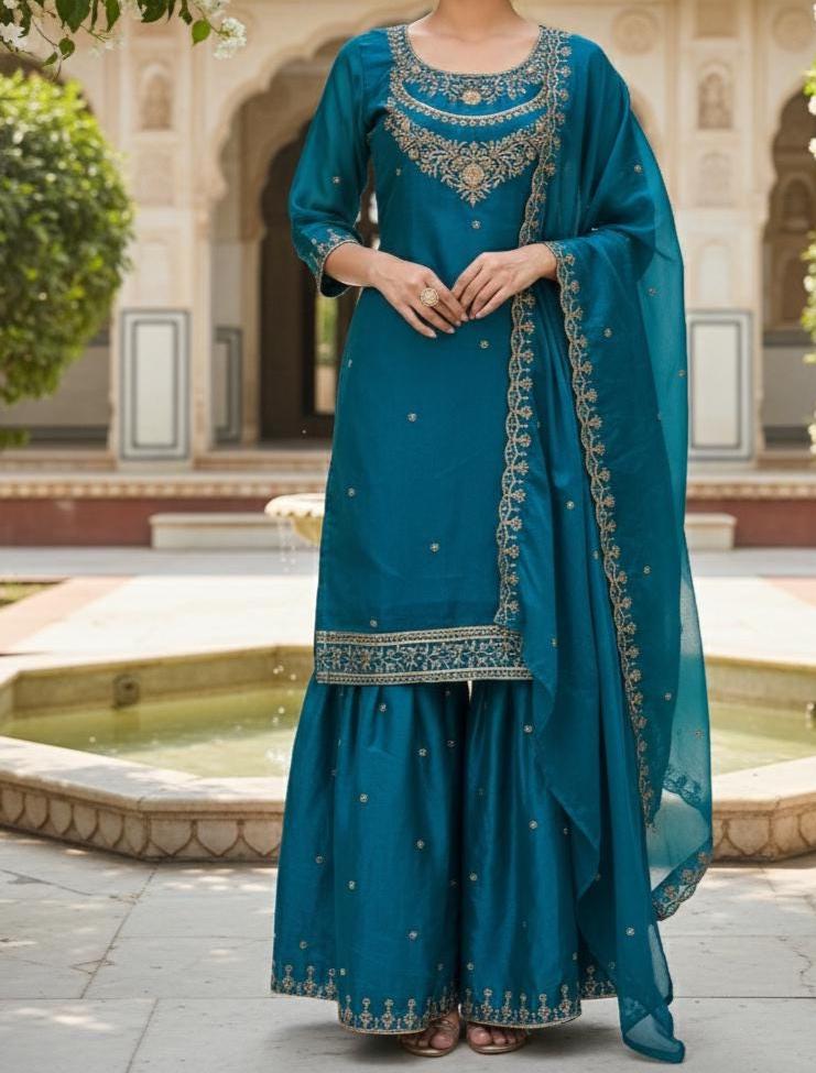 Designer Blue Embroidered Sharara Suits With Matching Dupatta Set
