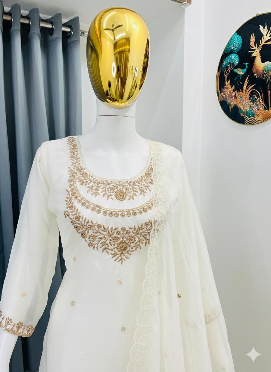 Cream Embroidered Kurta Sharara Suit with Dupatta Set