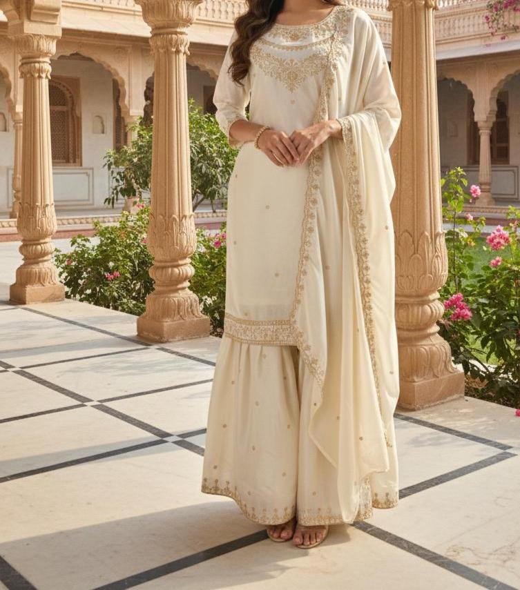 Cream Embroidered Kurta Sharara Suit with Dupatta Set