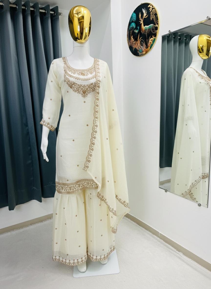 Cream Embroidered Kurta Sharara Suit with Dupatta Set