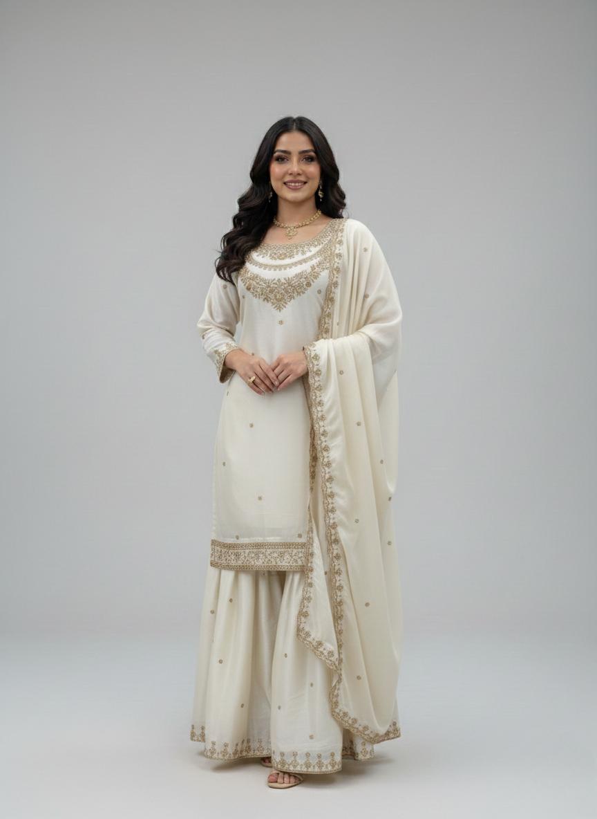 Cream Embroidered Kurta Sharara Suit with Dupatta Set