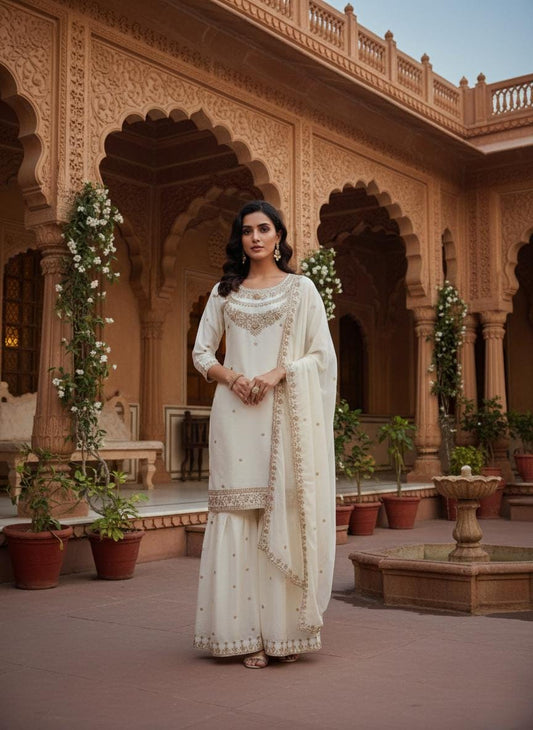 Cream Embroidered Kurta Sharara Suit with Dupatta Set