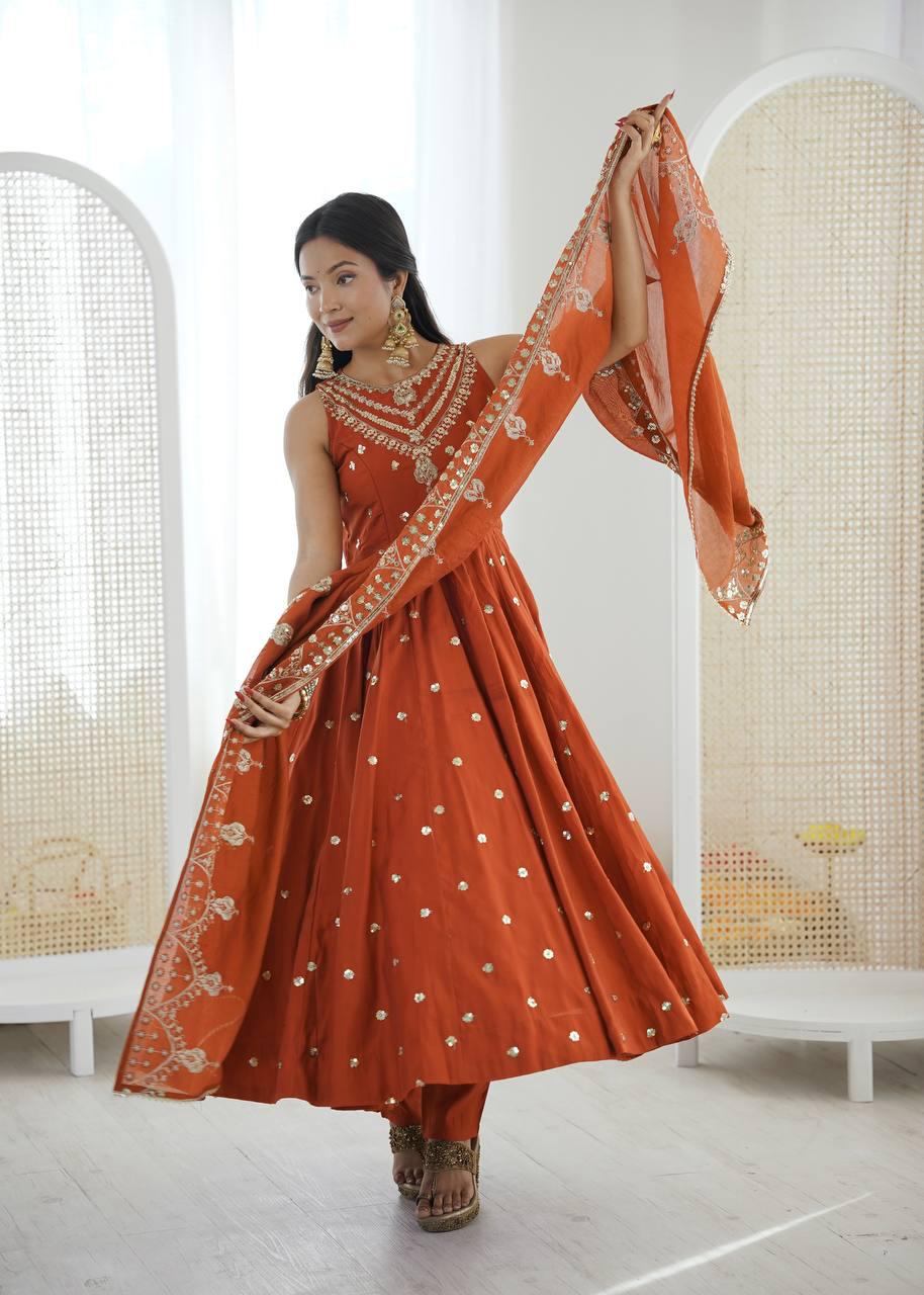 Orange Embroidered Anarkali Suit Set with Dupatta - Indian Wedding Outfit