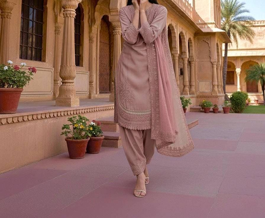 Designer Mauve Farshi Palazzo Suit with Embroidered Dupatta | Eid Festive Wear