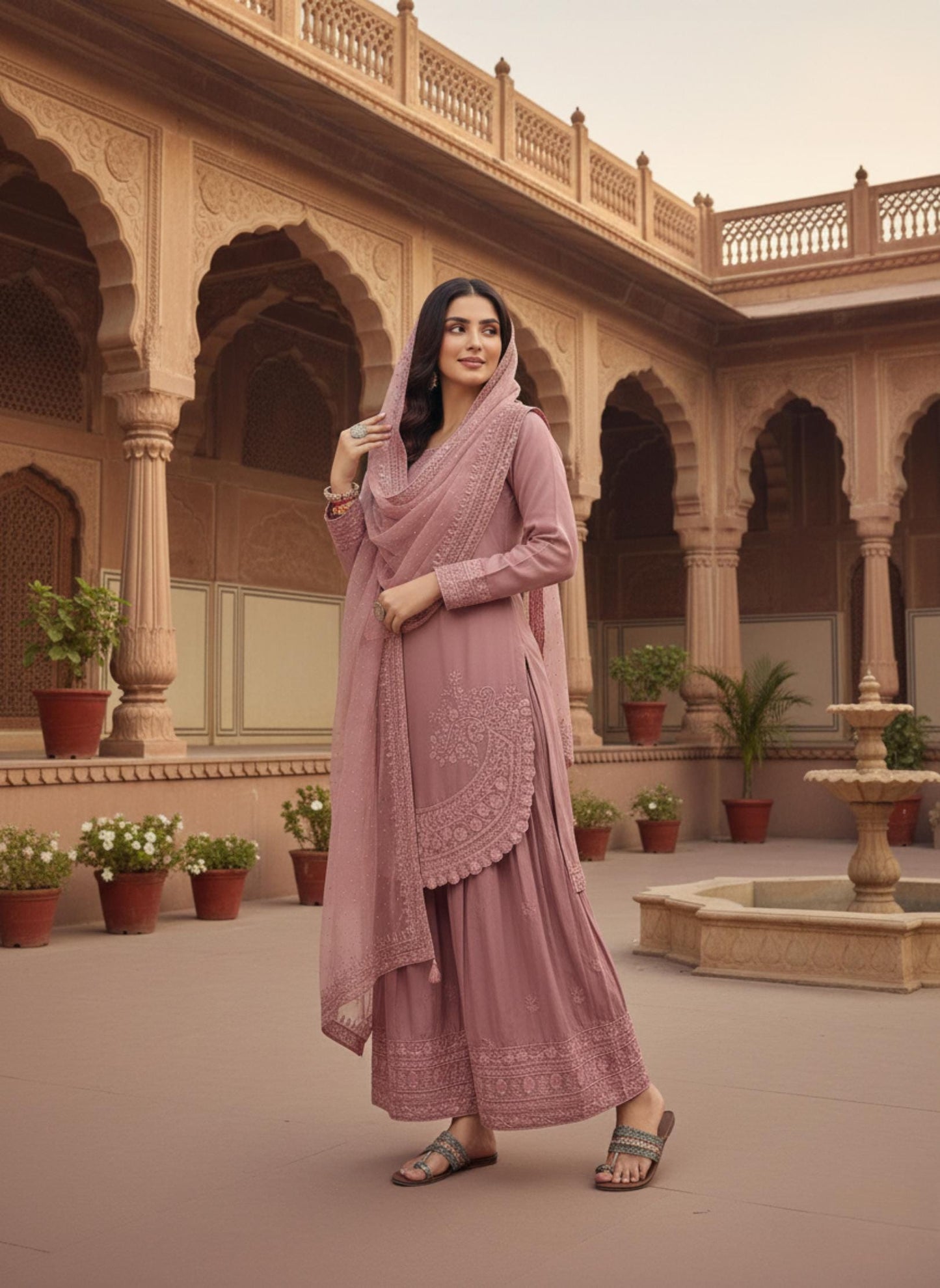 Designer Mauve Farshi Palazzo Suit with Embroidered Dupatta | Eid Festive Wear