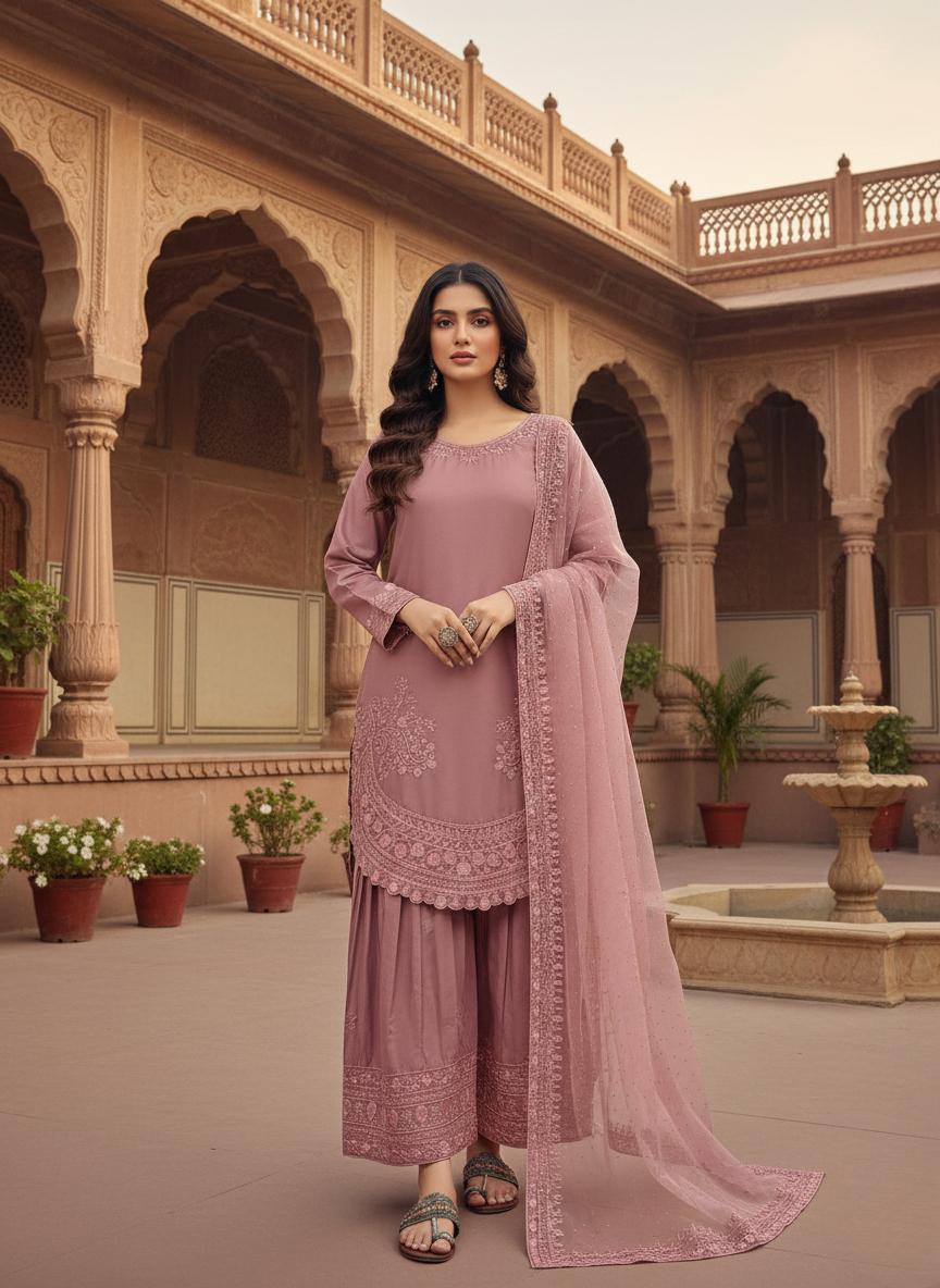 Designer Mauve Farshi Palazzo Suit with Embroidered Dupatta | Eid Festive Wear