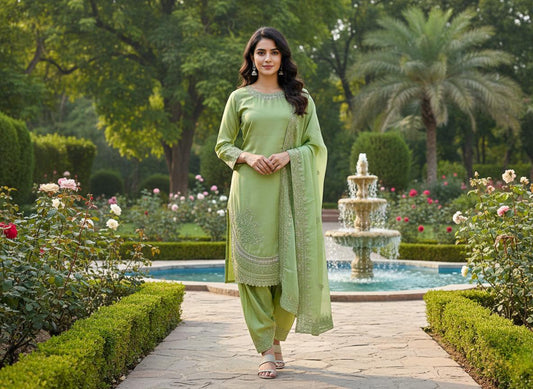 Green Embroidered Salwar Suit with Dupatta | Farsi Palazzo Set for Women