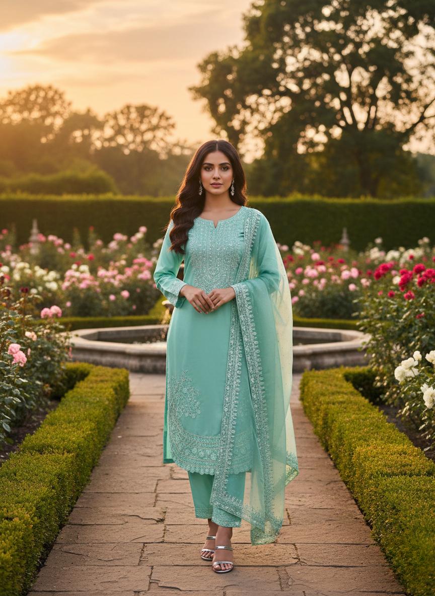 Designer Farshi Palazzo Suit in Pure Natural Crepe with Embroidered Organza Dupatta