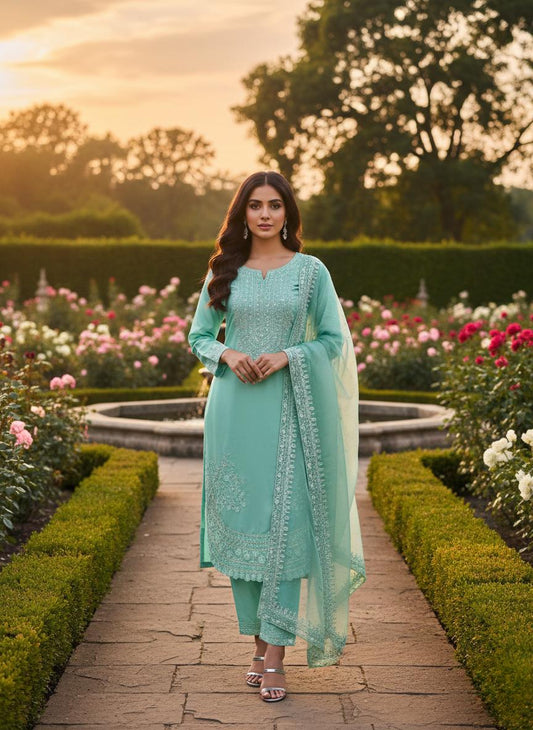 Designer Farshi Palazzo Suit in Pure Natural Crepe with Embroidered Organza Dupatta