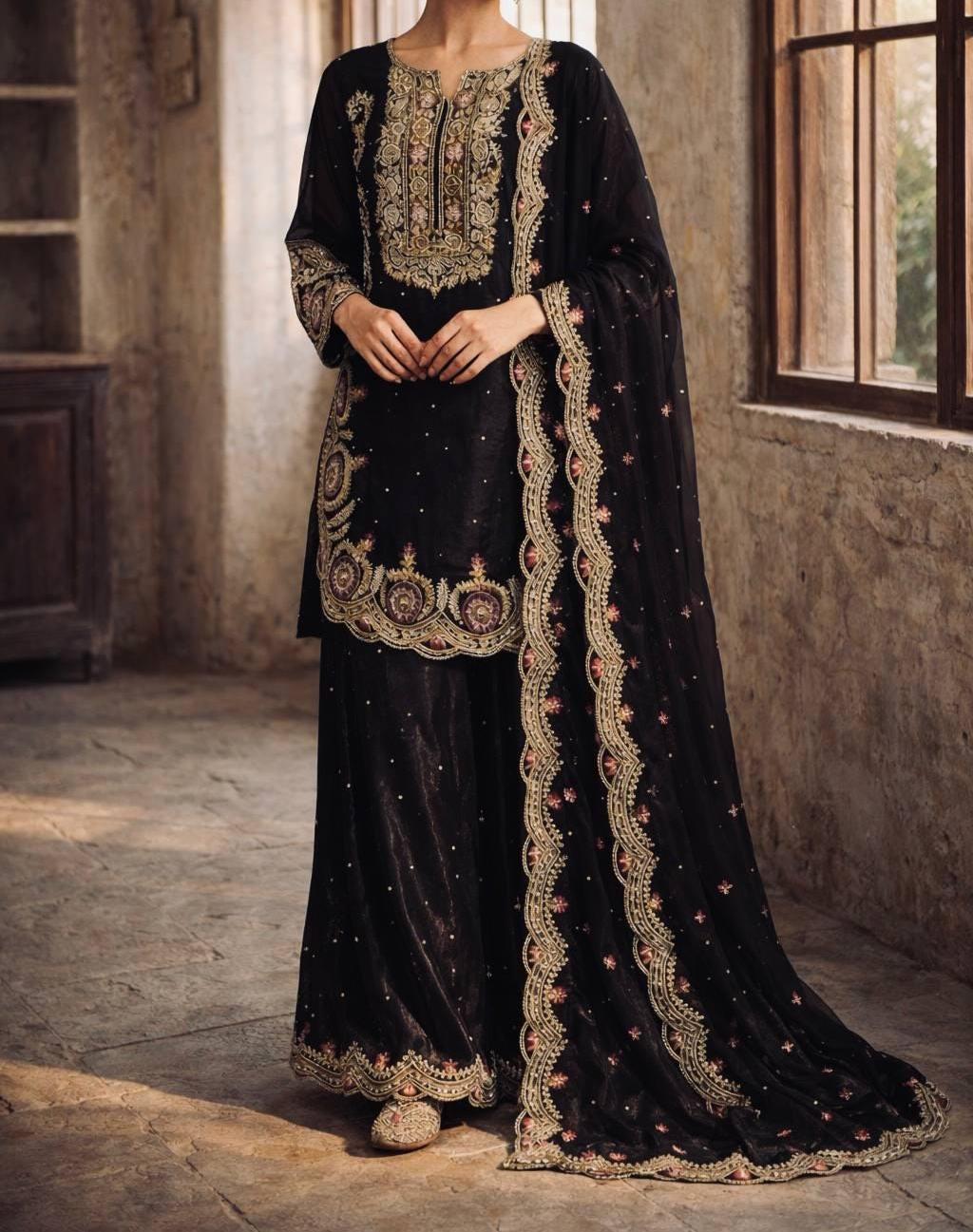 Black Pure Silk Palazzo Suit with Heavy Embroidery & Organza Dupatta