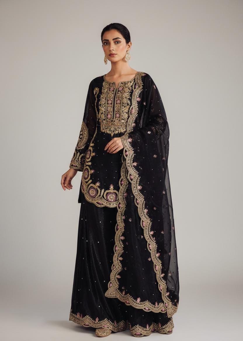 Black Pure Silk Palazzo Suit with Heavy Embroidery & Organza Dupatta