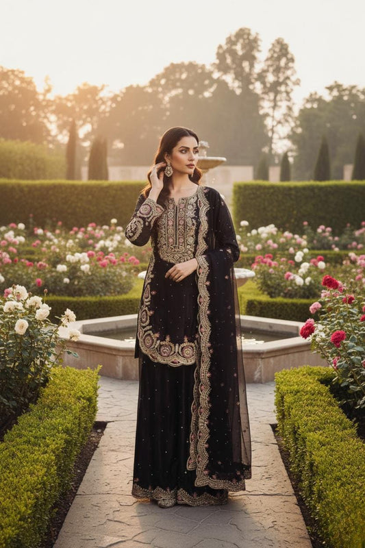 Black Pure Silk Palazzo Suit with Heavy Embroidery & Organza Dupatta