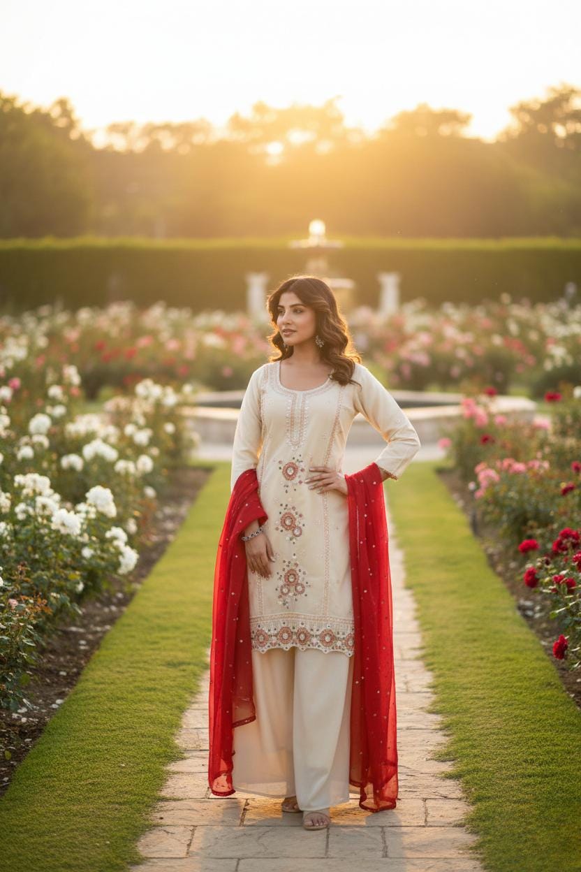 Elegant Ivory Kurti Palazzo Set with Pink Dupatta Set | Embroidered Festive Wear for Women