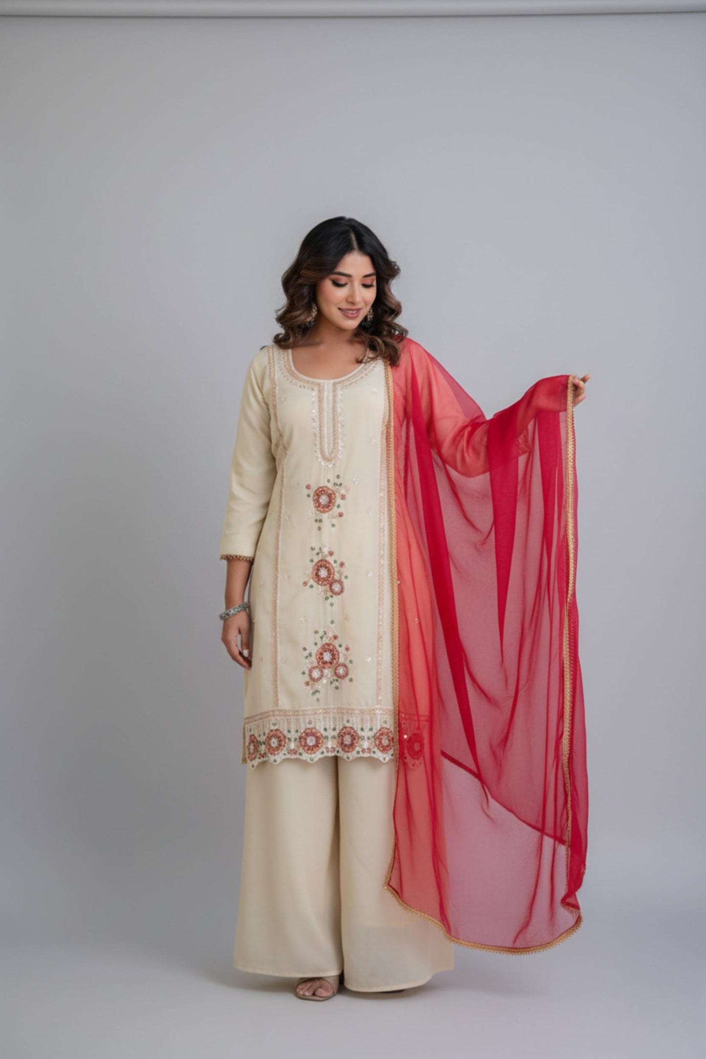 Elegant Ivory Kurti Palazzo Set with Pink Dupatta Set | Embroidered Festive Wear for Women
