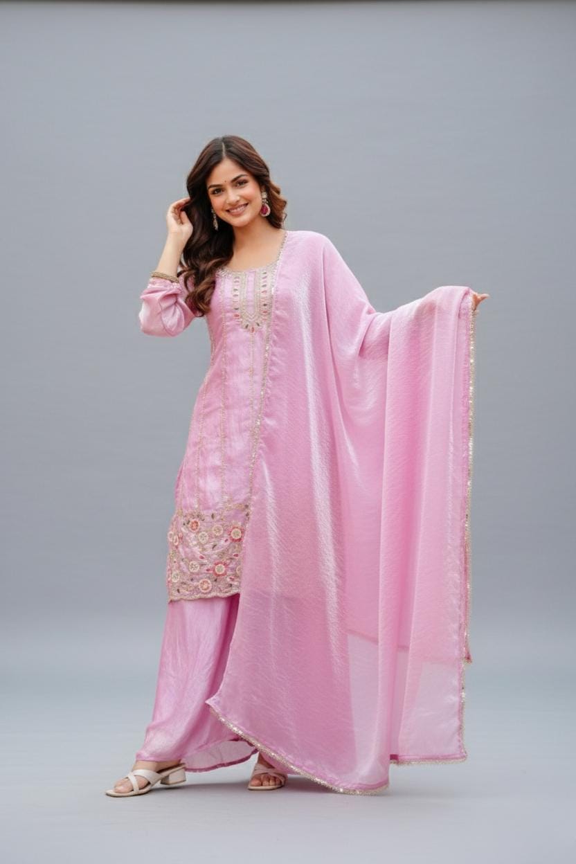 Designer Acrylic Pink Embroidered Silk Kurti Palazzo Suit with Dupatta Set