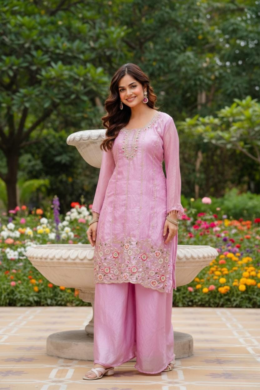 Designer Acrylic Pink Embroidered Silk Kurti Palazzo Suit with Dupatta Set