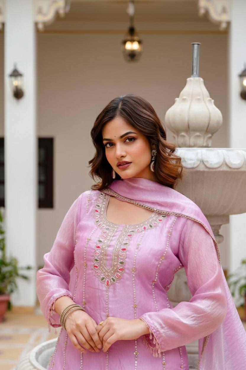 Designer Acrylic Pink Embroidered Silk Kurti Palazzo Suit with Dupatta Set