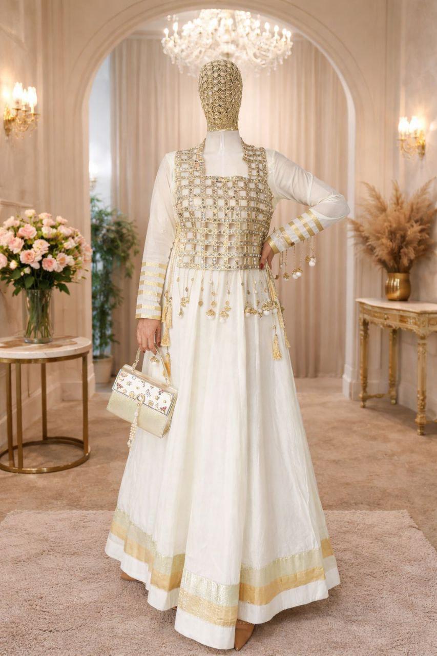 Designer Ivory Rangoli Silk Anarkali Gown with Mirror Work Koti | Designer Ethnic Women Set