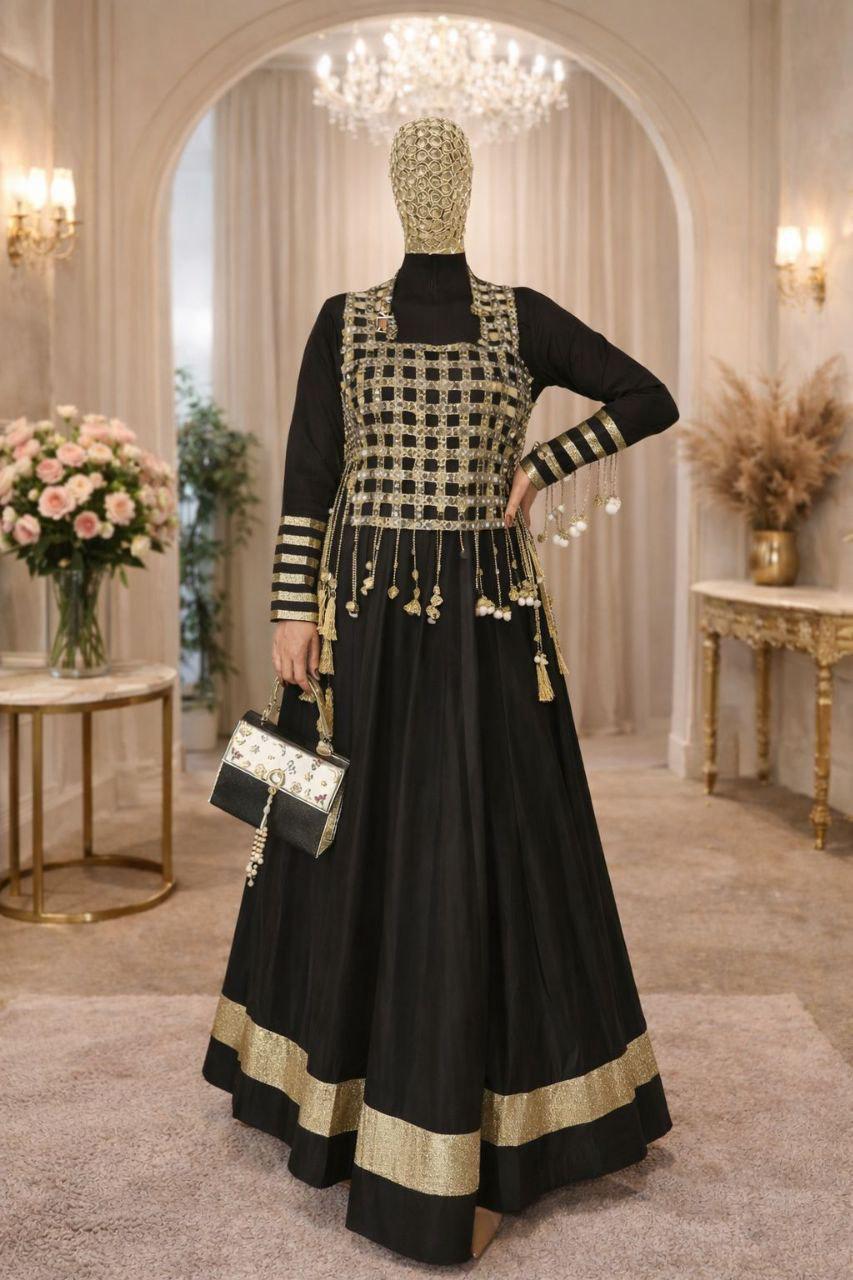 Designer Black Rangoli Silk Anarkali Gown with Mirror Work Koti | Designer Ethnic Women Set