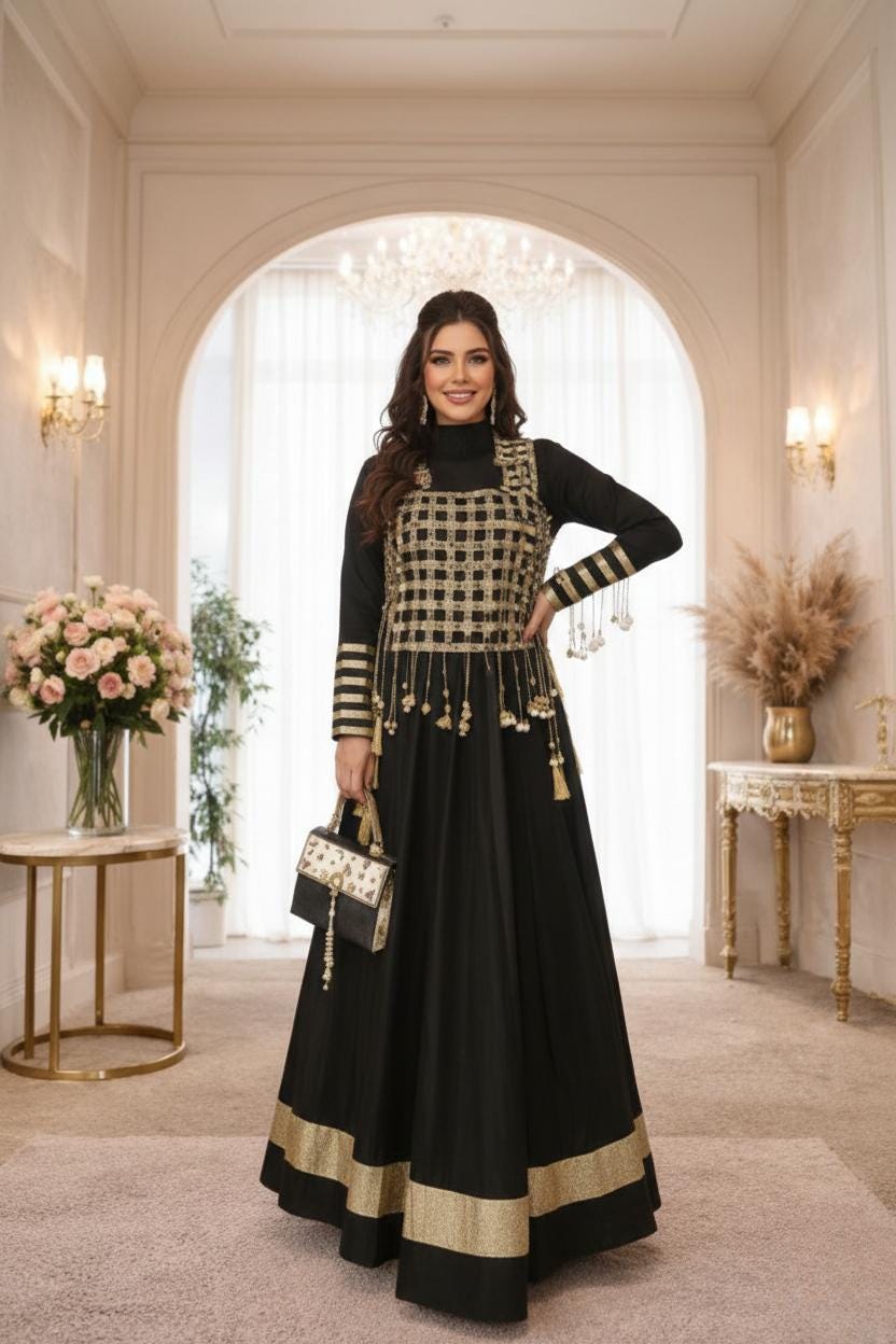Designer Black Rangoli Silk Anarkali Gown with Mirror Work Koti | Designer Ethnic Women Set