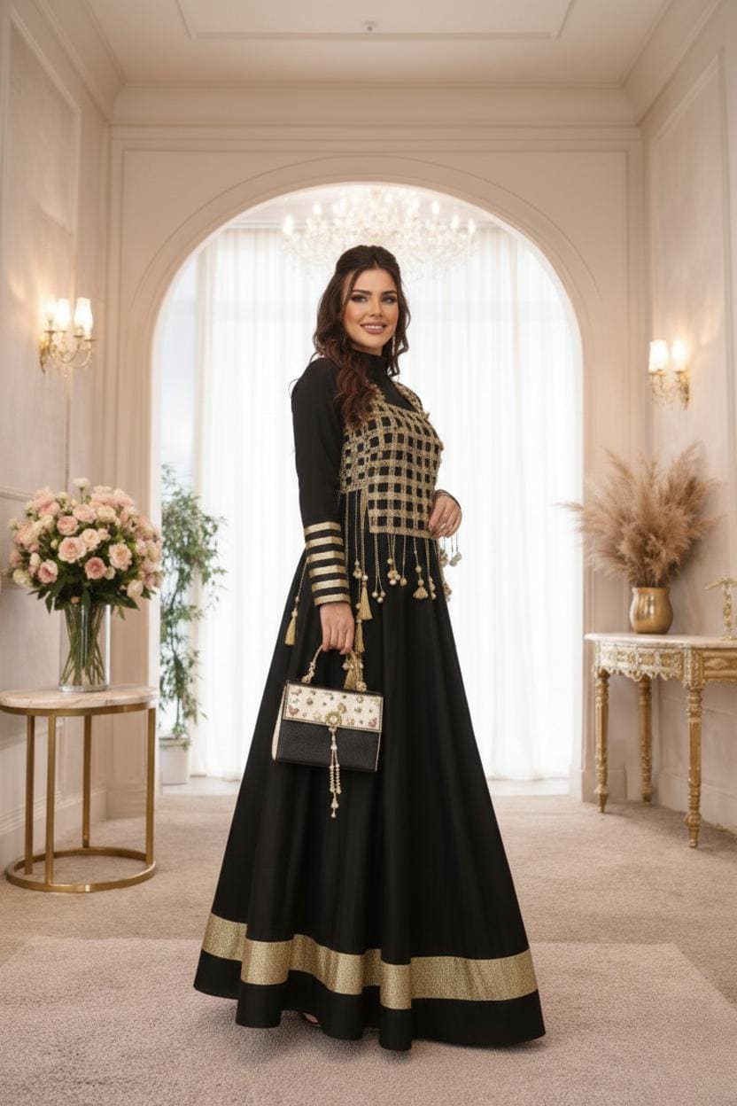 Designer Black Rangoli Silk Anarkali Gown with Mirror Work Koti | Designer Ethnic Women Set