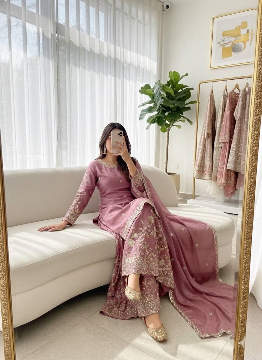 Pink Mauve Embroidered Kurta with Palazzo Suit & Dupatta Set - Festive Wear
