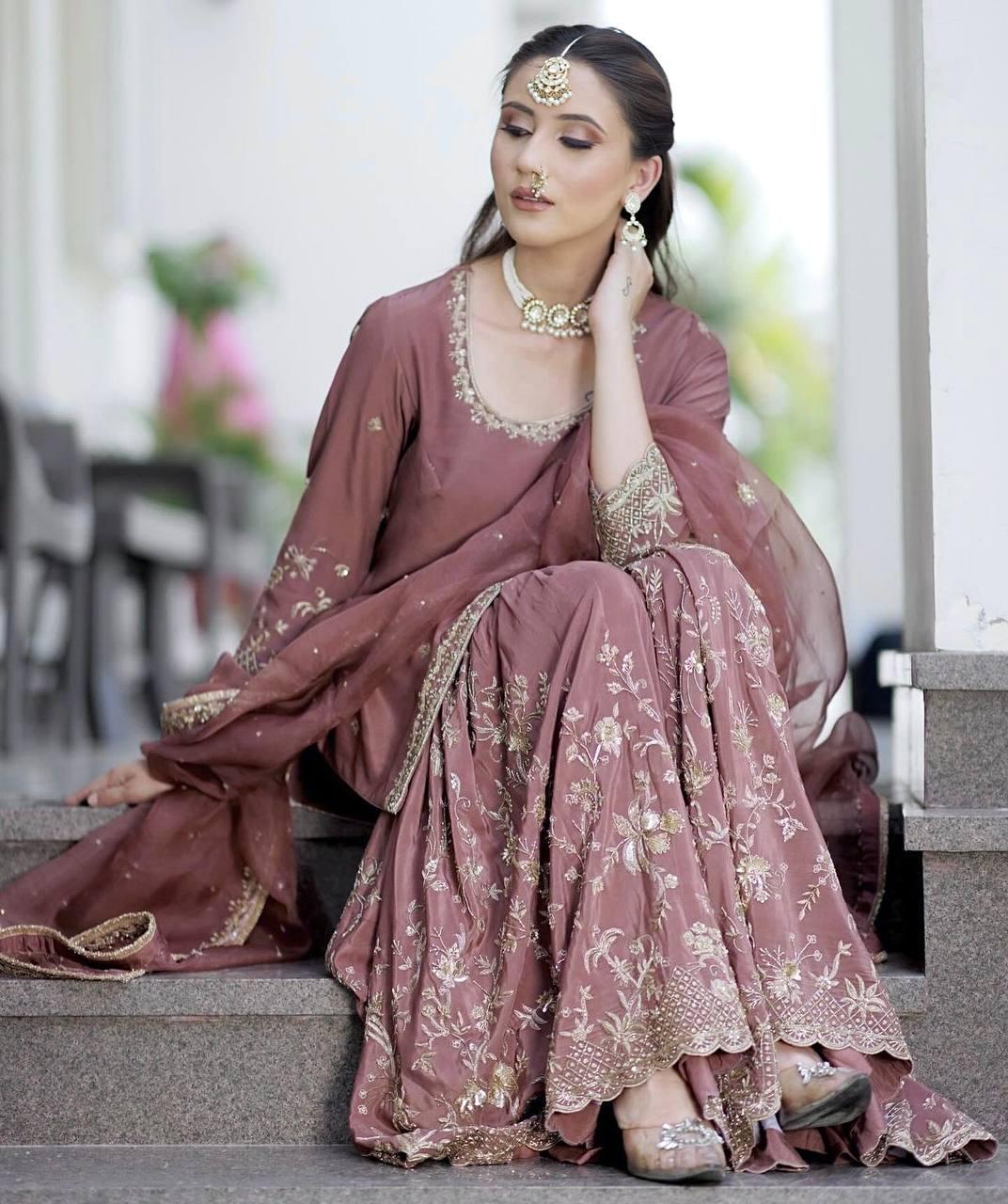 Pink Mauve Embroidered Kurta with Palazzo Suit & Dupatta Set - Festive Wear