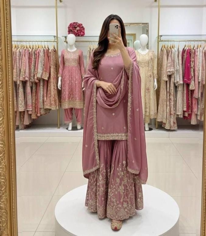 Pink Mauve Embroidered Kurta with Palazzo Suit & Dupatta Set - Festive Wear