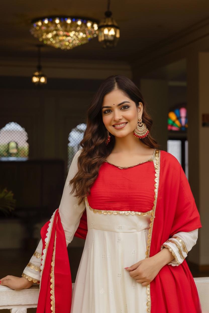 Designer Silk Anarkali Gown Sequin Detailed with Red Dupatta Set