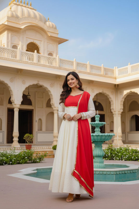 Designer Silk Anarkali Gown Sequin Detailed with Red Dupatta Set