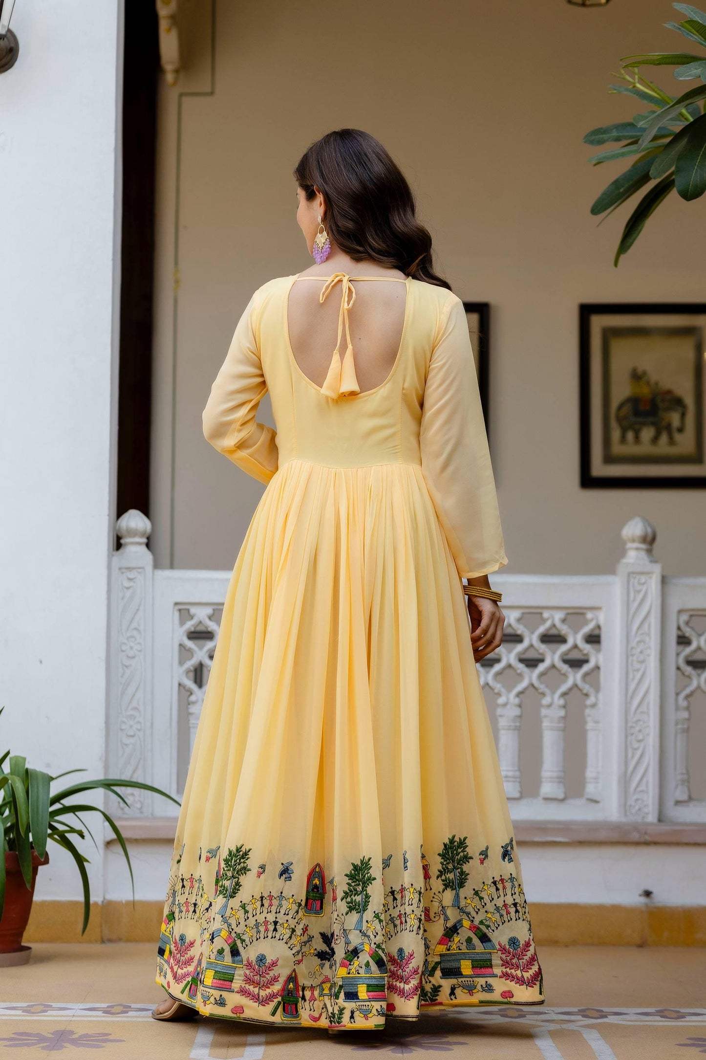 Yellow & Purple Faux Georgette Anarkali Gown with Printed Border Dupatta Set