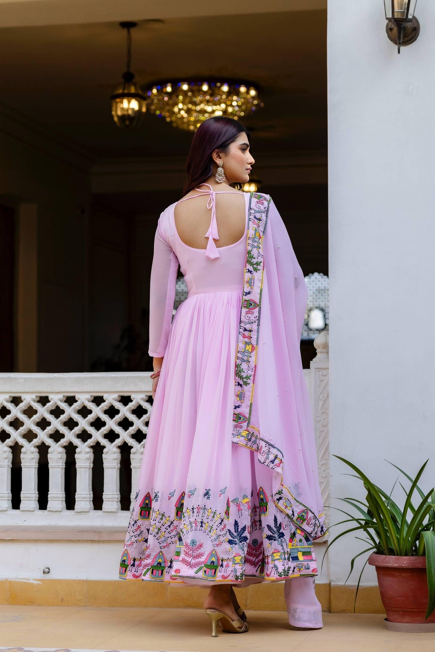 Yellow & Purple Faux Georgette Anarkali Gown with Printed Border Dupatta Set