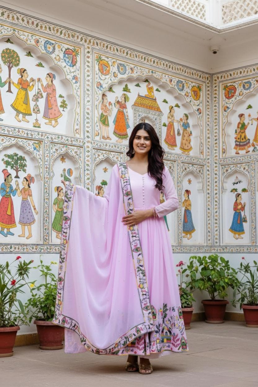 Yellow & Purple Faux Georgette Anarkali Gown with Printed Border Dupatta Set