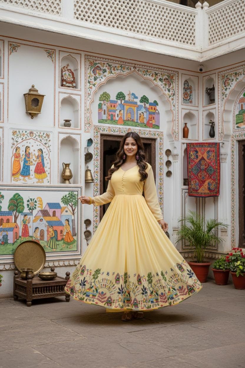Yellow & Purple Faux Georgette Anarkali Gown with Printed Border Dupatta Set