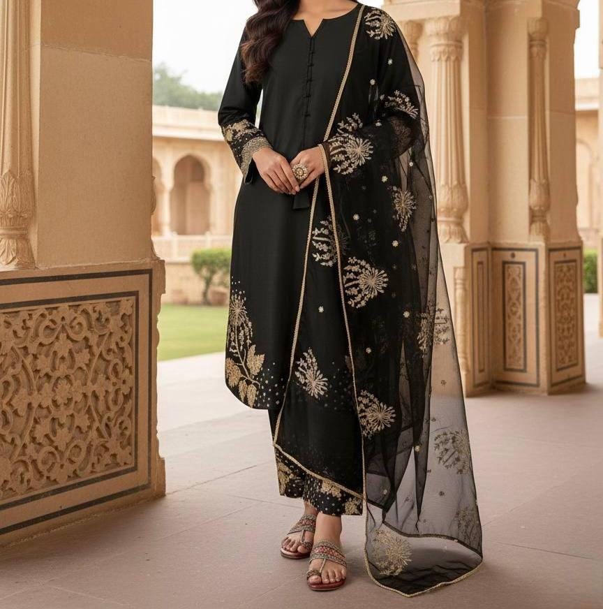 Designer Black Faux Georgette Embroidered Farsi Shalwar Suit With Dupatta Set For Women