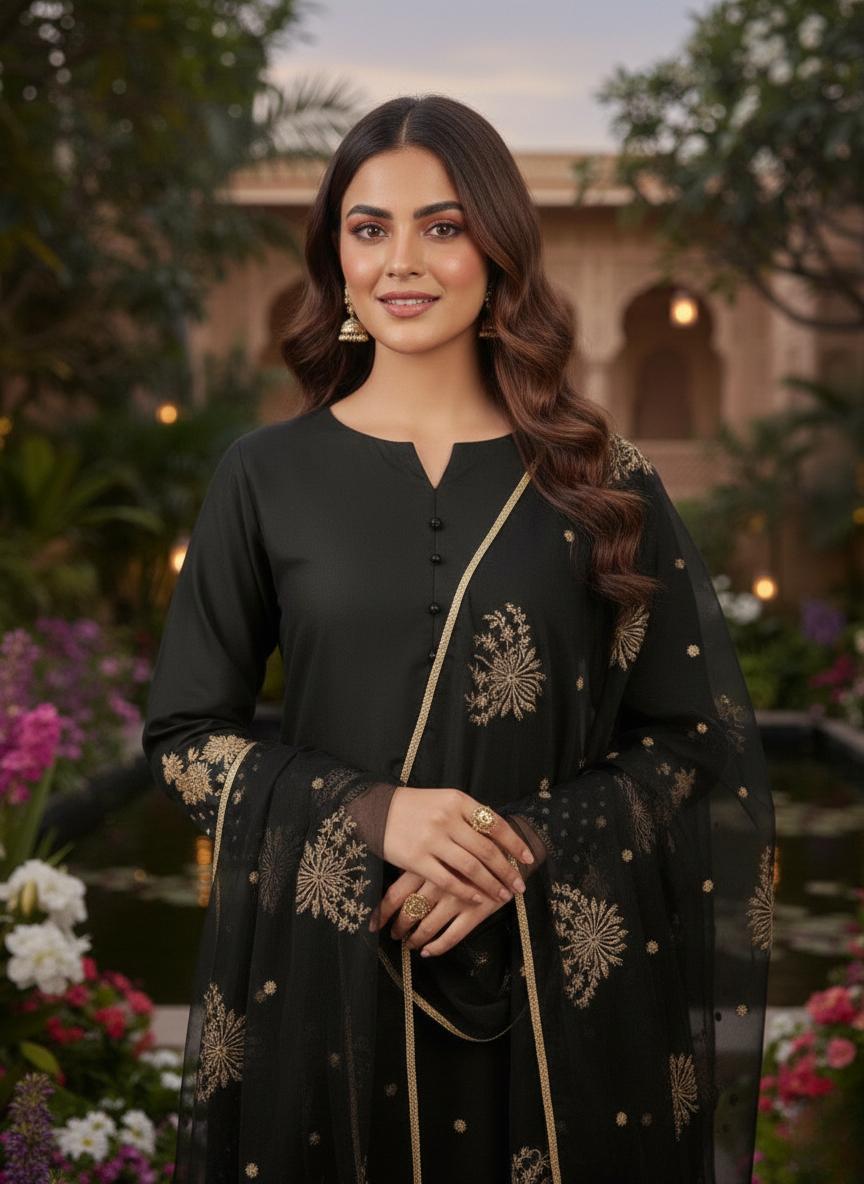 Designer Black Faux Georgette Embroidered Farsi Shalwar Suit With Dupatta Set For Women
