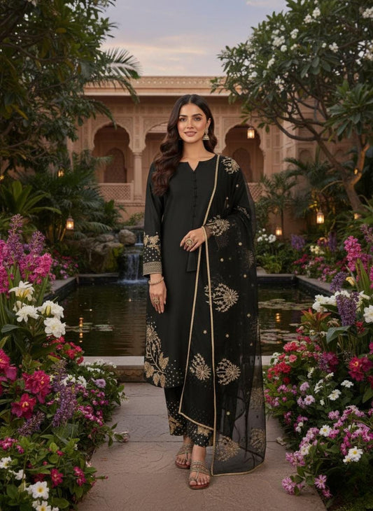 Designer Black Faux Georgette Embroidered Farsi Shalwar Suit With Dupatta Set For Women