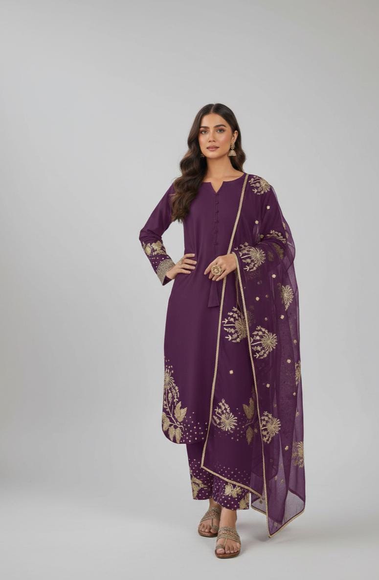 Purple Embroidered Kurti Palazzo Set with Organza Dupatta | Ethnic Suit