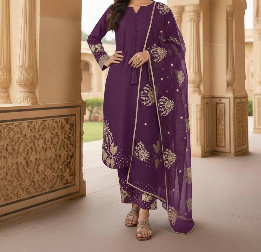 Purple Embroidered Kurti Palazzo Set with Organza Dupatta | Ethnic Suit