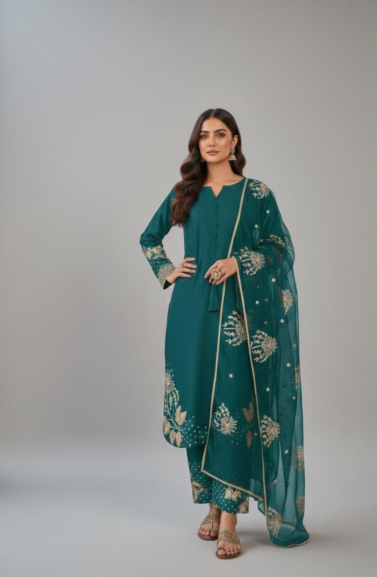 Designer Teal Embroidered Kurti Palazzo Set with Organza Dupatta | Women's Ethnic Suit
