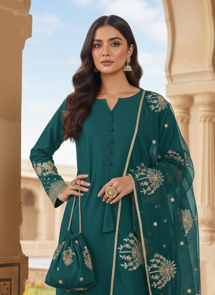 Designer Teal Embroidered Kurti Palazzo Set with Organza Dupatta | Women's Ethnic Suit