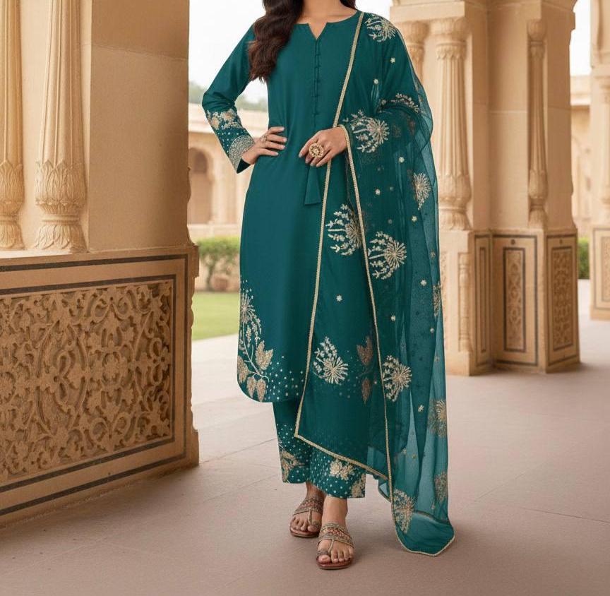 Designer Teal Embroidered Kurti Palazzo Set with Organza Dupatta | Women's Ethnic Suit