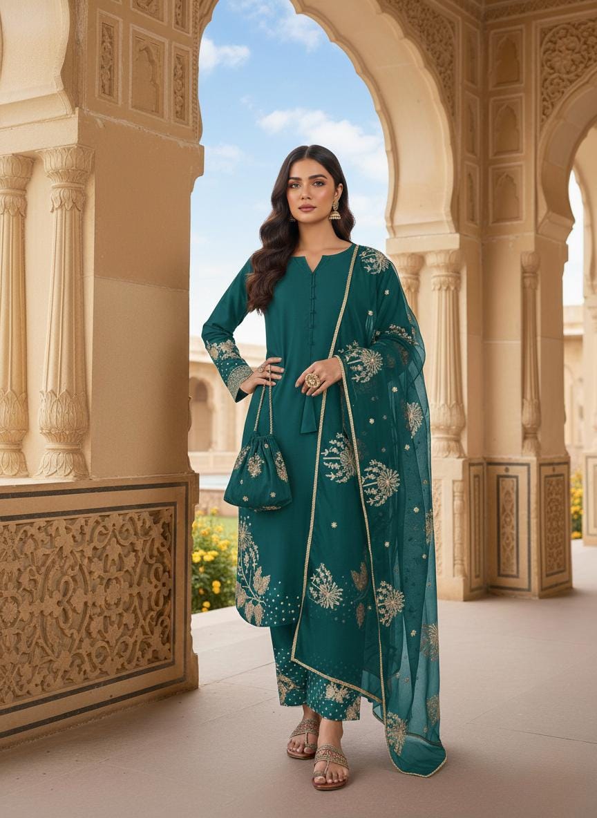 Designer Teal Embroidered Kurti Palazzo Set with Organza Dupatta | Women's Ethnic Suit