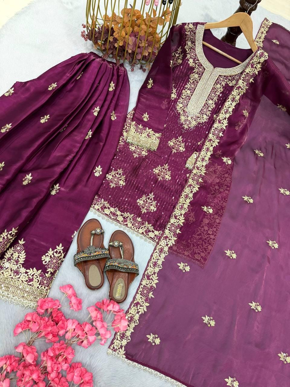 Stylish Purple Embroidered Palazzo Suit with Dupatta Set | Ethnic Outfit for Women