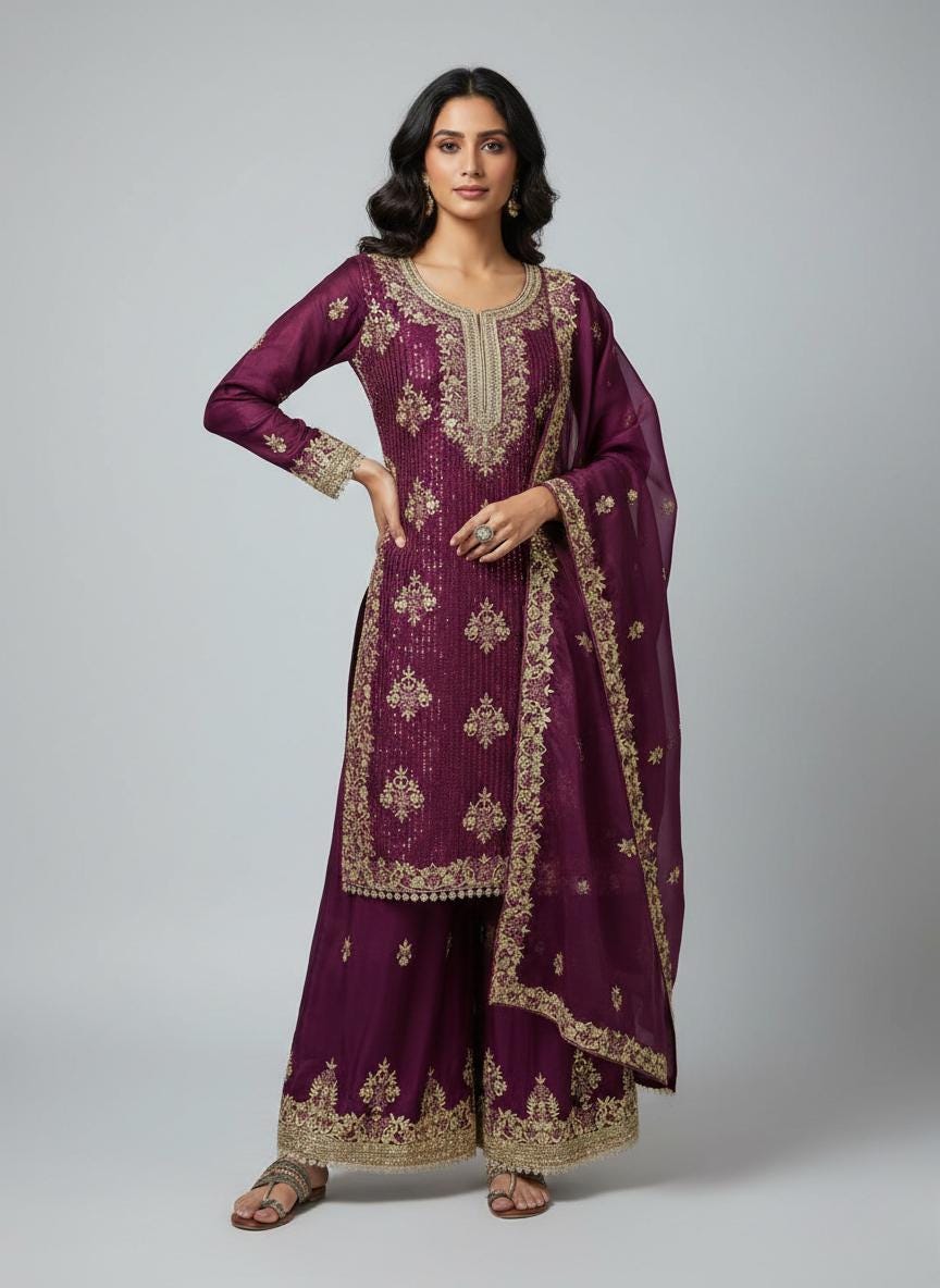 Stylish Purple Embroidered Palazzo Suit with Dupatta Set | Ethnic Outfit for Women