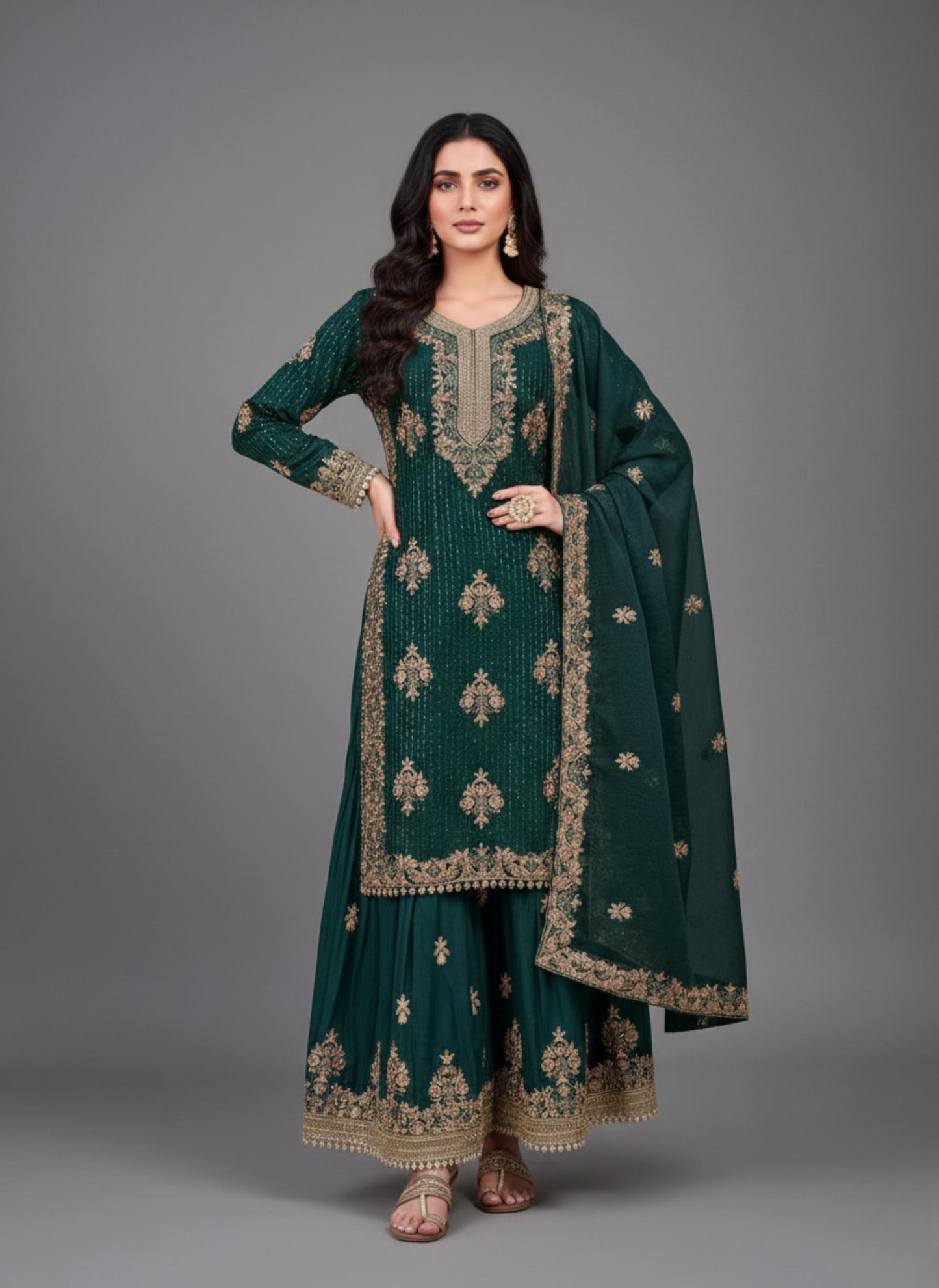 Elegant Green Silk Top Palazzo Set with Heavy Embroidery & Dupatta