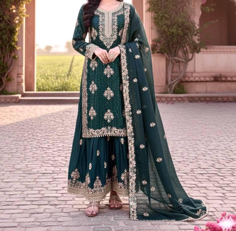Elegant Green Silk Top Palazzo Set with Heavy Embroidery & Dupatta