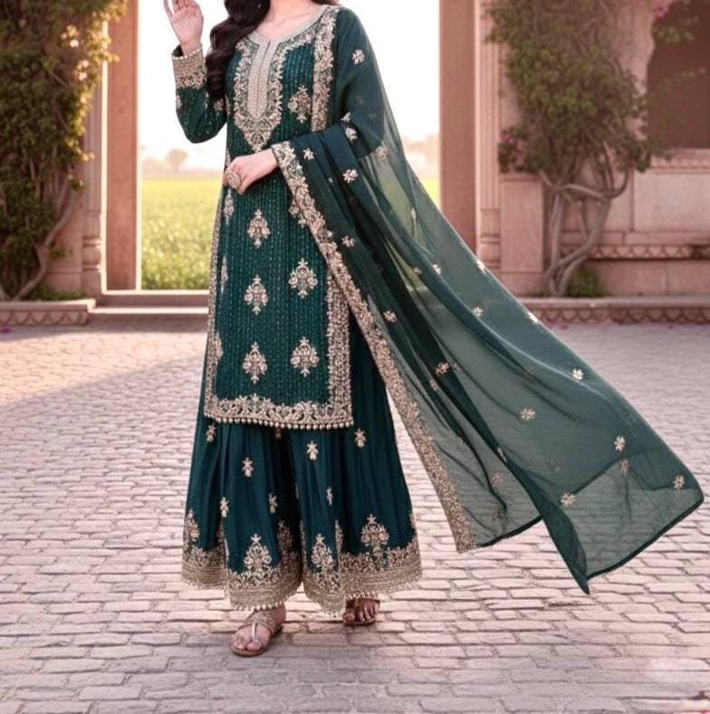 Elegant Green Silk Top Palazzo Set with Heavy Embroidery & Dupatta