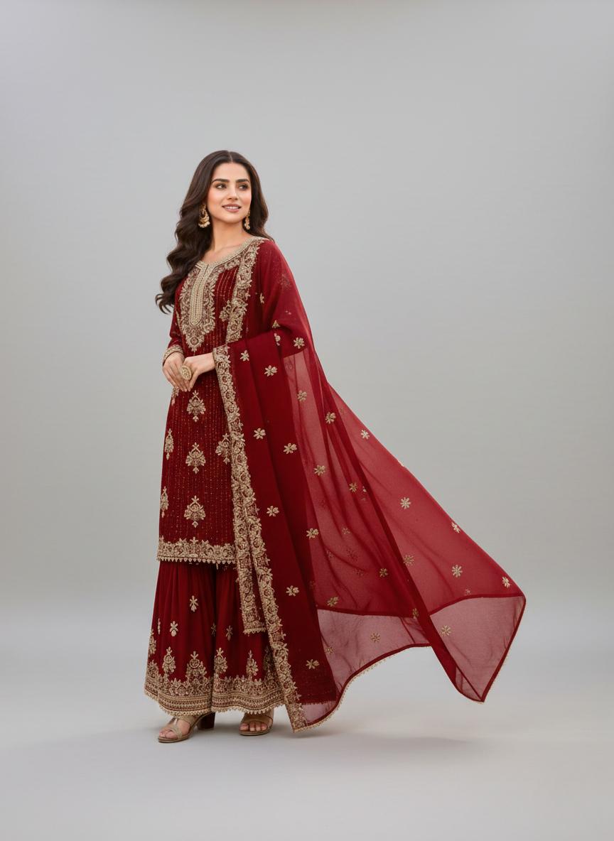 Designer Maroon Silk Top Palazzo Set with Heavy Embroidery & Dupatta – Traditional Wedding Dress